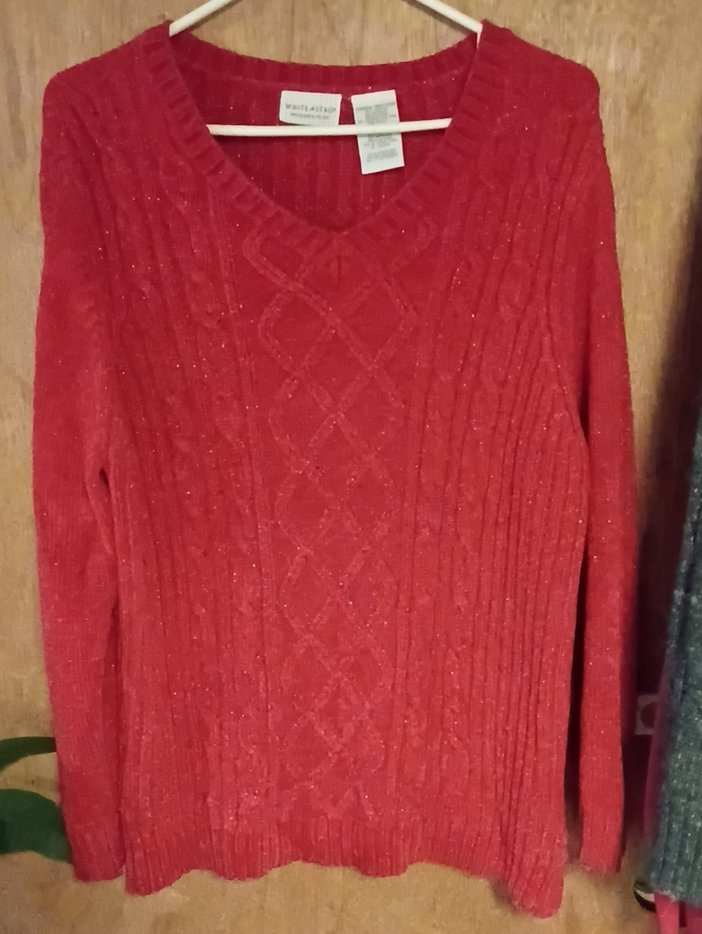 White Stag Red Cable Knit V-Neck Sweater